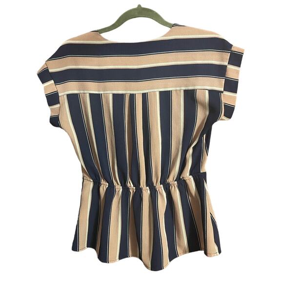 MONTEAU STRIPED PEPLUM BLOUSE NAVY PINK WHITE V-NECK BUTTONS PULLOVER M - Picture 4 of 9